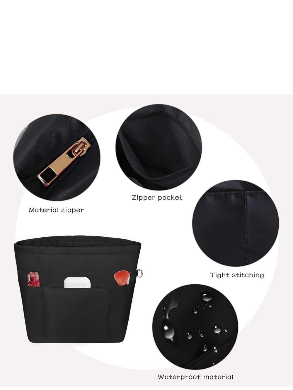 Purse Insert Organizers for Petite Tote Bag Organizer Shaper with Zipper Black - Picture 4 of 8